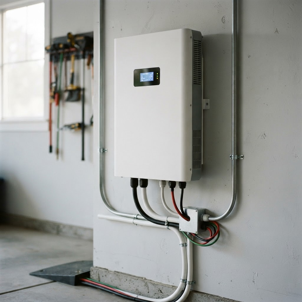 Close-up of a modern home solar battery storage unit mounted on a wall