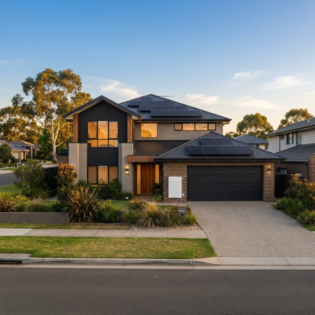 Modern Australian home with solar panels on the roof and a home solar battery storage unit mounted on the exterior wall