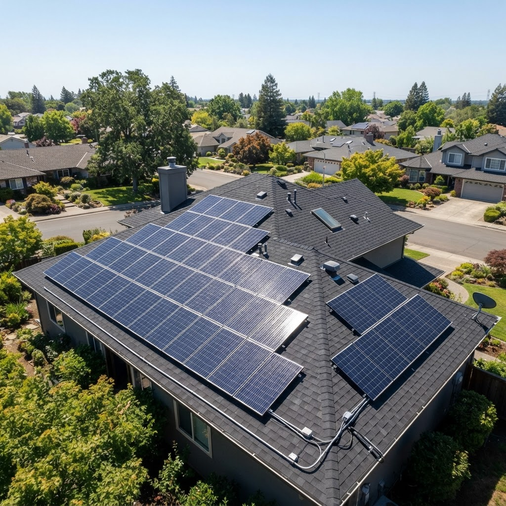 Rows of solar panels installed on a residential roof under a clear blue sky